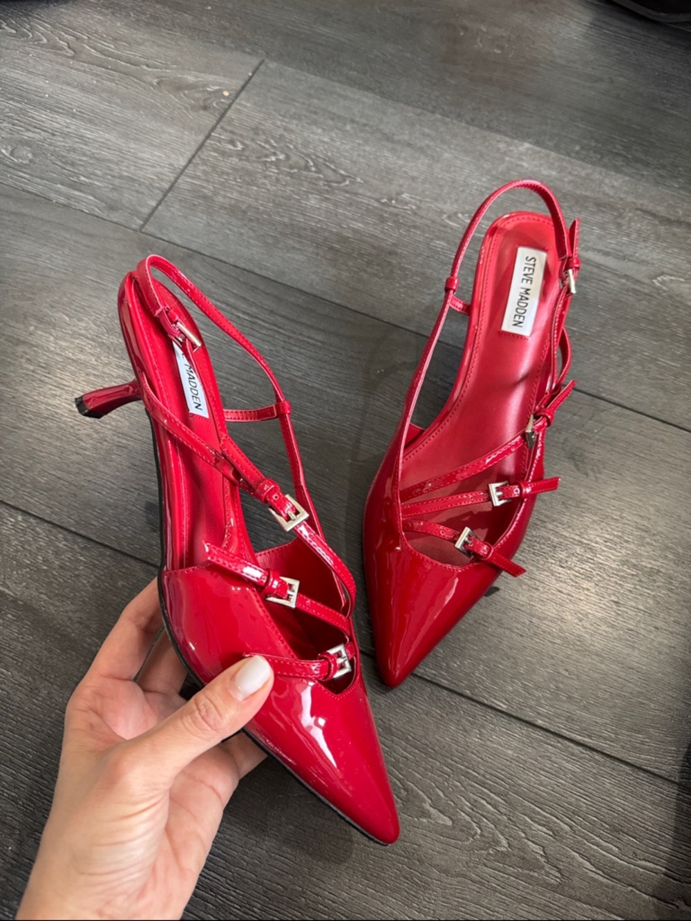 Steve Madden Red Patent Strappy Pointed Slingback Heels